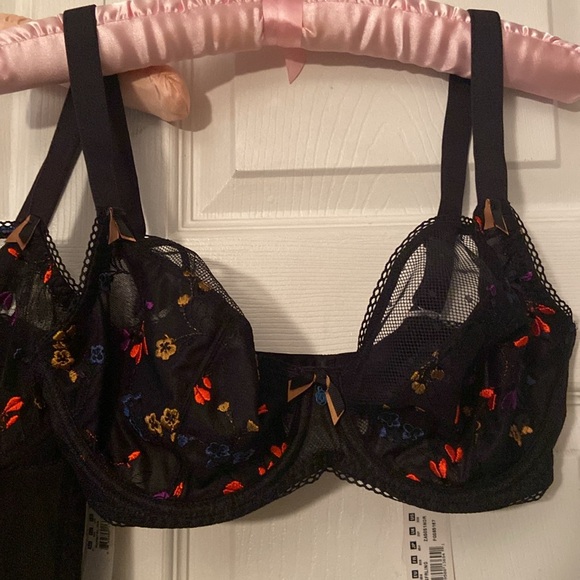 FREYA Set Twin Black/Noir Slip Babydoll Mesh Nylon Embroidered Bra sz 30 G NWT